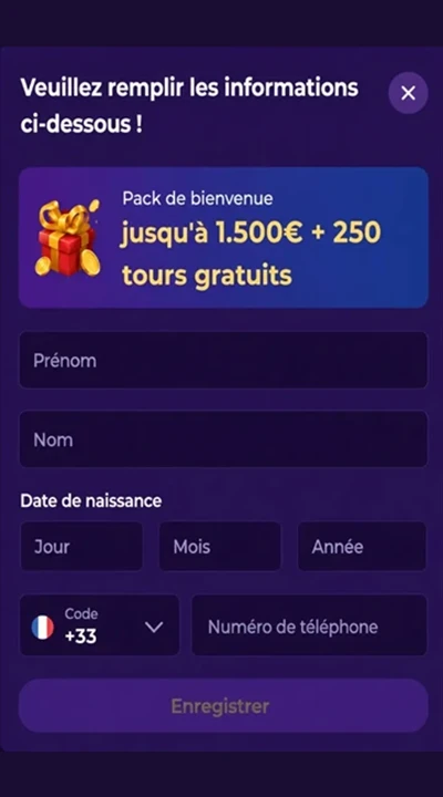 Formulaire d'inscription Gambloria Casino avec pack de bienvenue